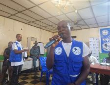 A member of the Christain Association of the Blind speaking at the FinEd Launch in Kakata, Margbi County 