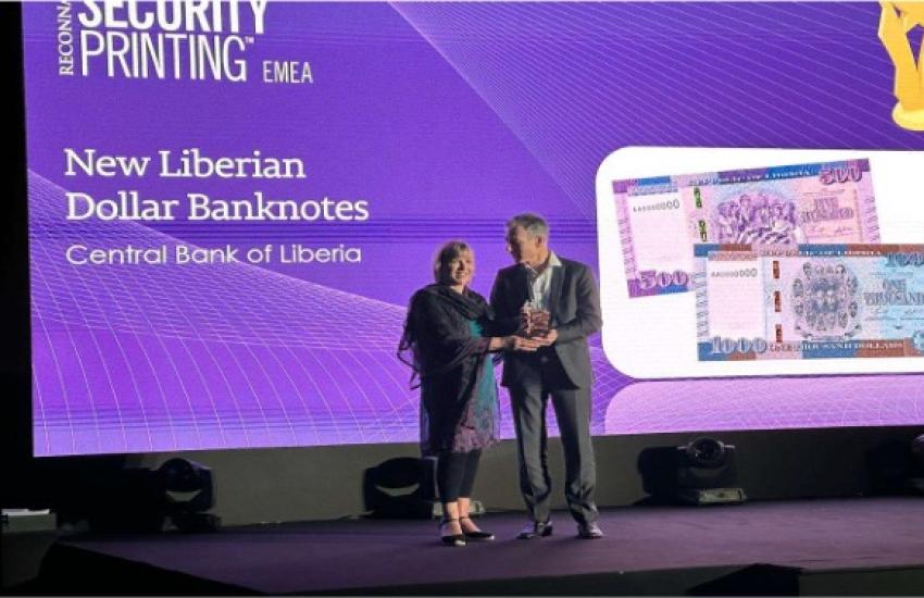 The Central of Liberia Awarded for the Introduction of the Best Banknote Series of the Year at a Ceremony in Abu Dhabi, UAE.